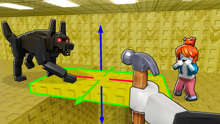 A player moves a yellow floor section with transform handles near a black quadruped monster