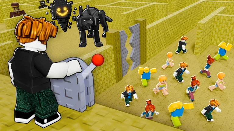 Roblox visitors run through a yellow maze while several monsters wait nearby